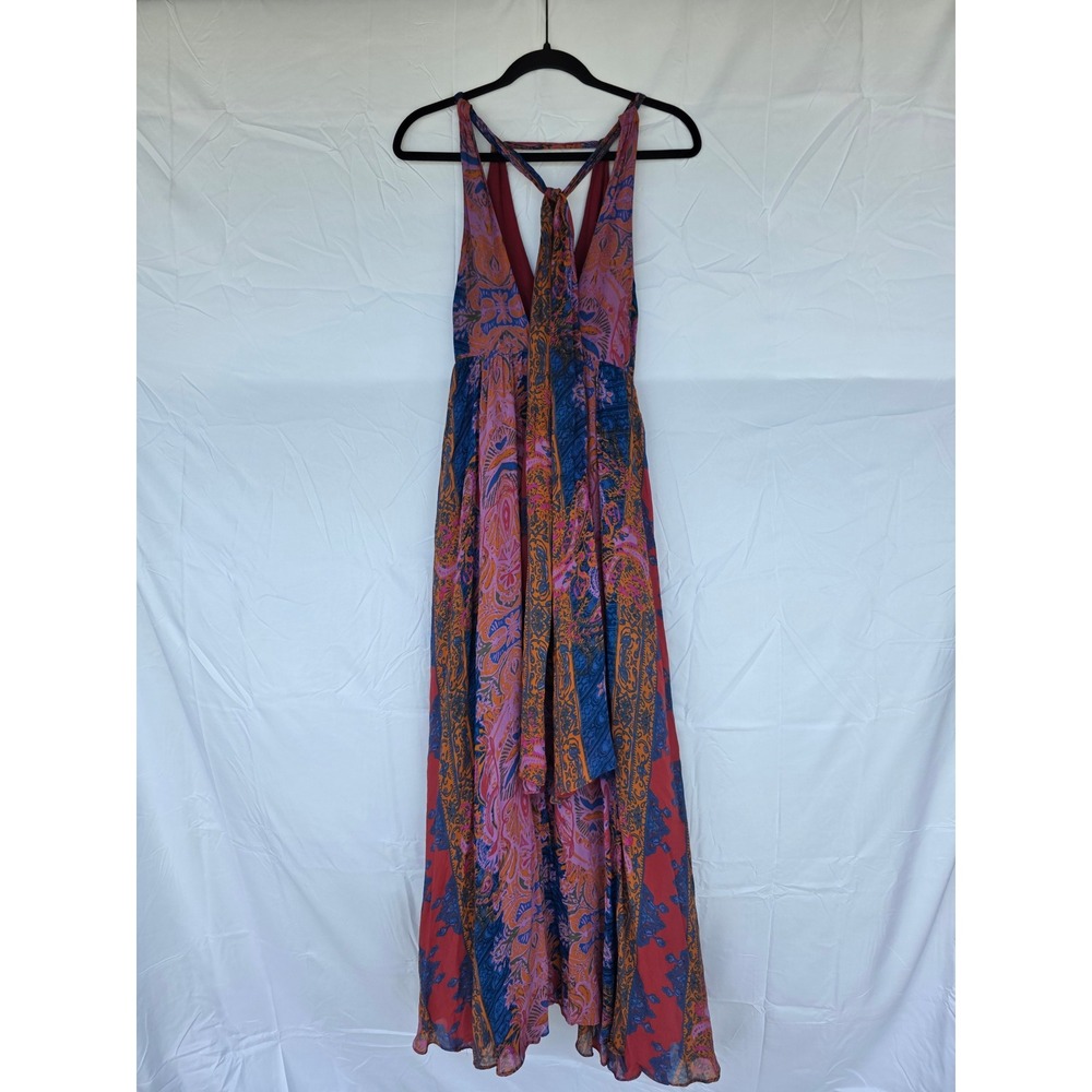 Free People Red Blue Paisley Boho Maxi Dress Size 4 Tassel Tie Back Strappy - Picture 9 of 11